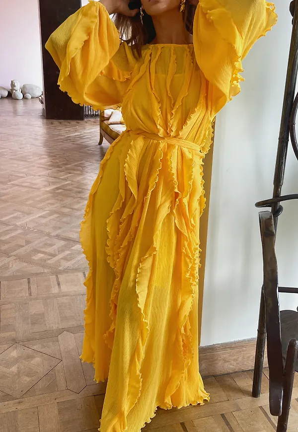 Sanna Jörnvik x NA-KD Maxiklänning med volangdetaljer - Yellow