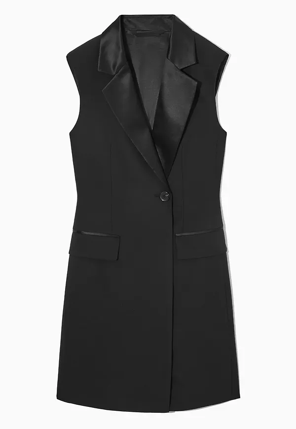 SATIN-PANELLED WOOL TUXEDO DRESS