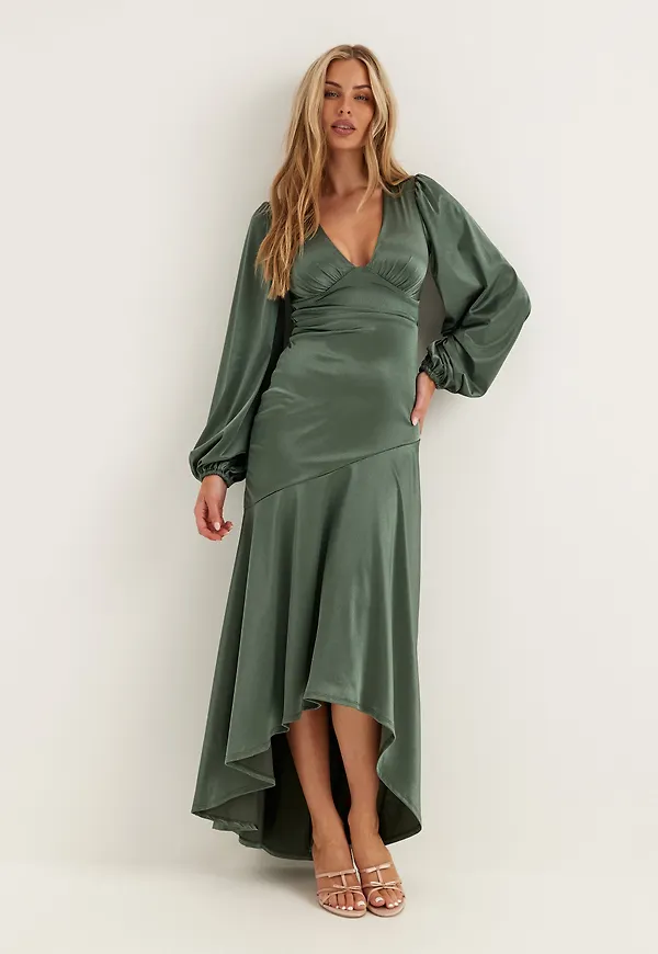 Satin Balloon Sleeve High Low