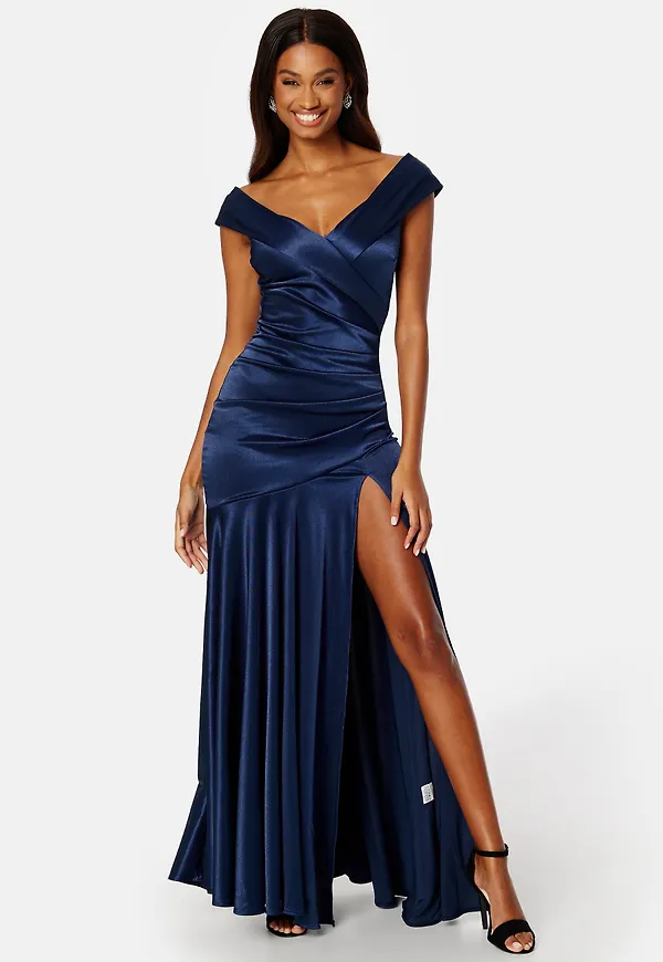 Satin Bardot Pleat Maxi With Split