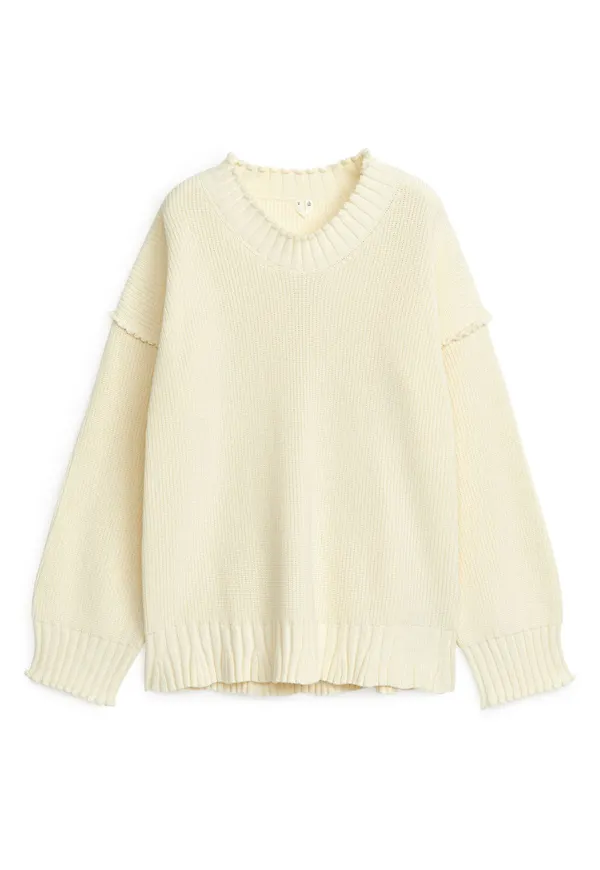 Scallop Edge Cotton Wool Jumper - White