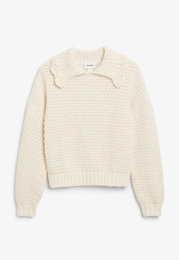 Scalloped knit collar cardigan - White