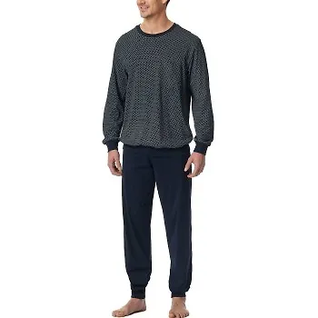 Schiesser Comfort Essentials Long Plus Pyjamas Vit/Marin bomull 4XL Herr