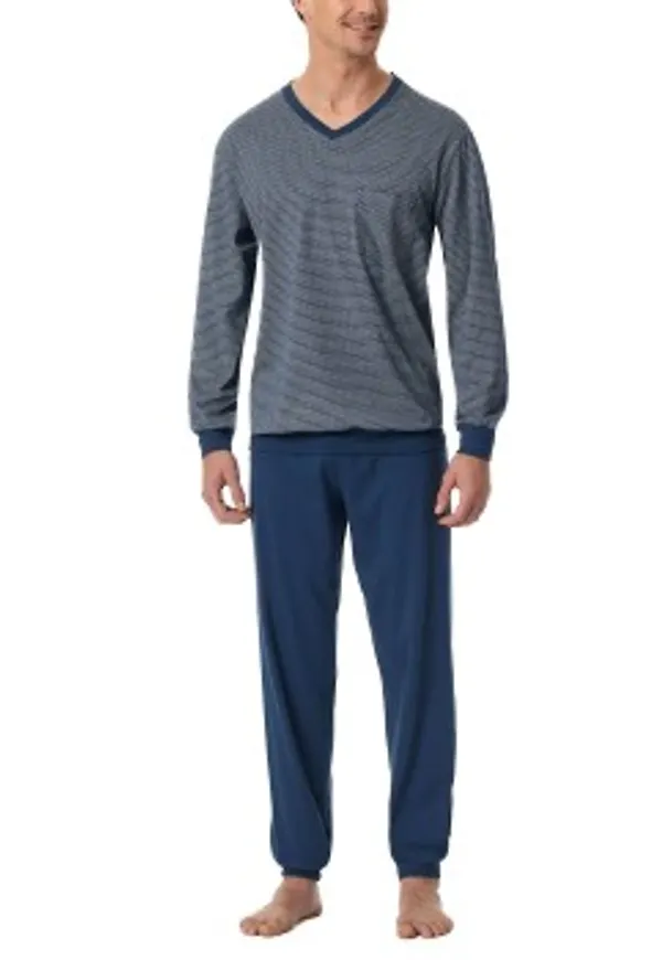 Schiesser Comfort Essentials V-Neck Long Pyjamas Blå bomull Large Herr