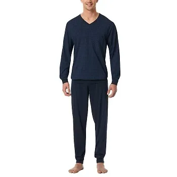 Schiesser Comfort Essentials V-Neck Long Pyjamas Mörkblå bomull Small Herr