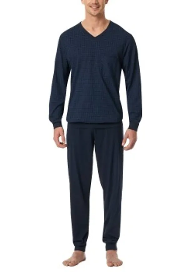Schiesser Comfort Essentials V-Neck Long Pyjamas Mörkblå bomull Medium Herr