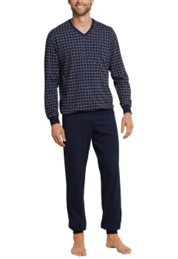 Schiesser Day and Night Long Check Pyjama 3XL-6XL Mörkblå bomull 3XL Herr