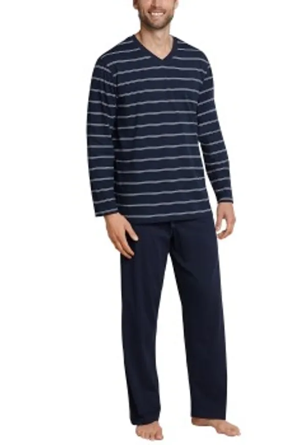 Schiesser Day and Night Long Stripe Pyjama Mörkblå bomull Small Herr
