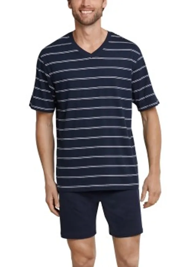 Schiesser Day and Night Short Stripe Pyjama Mörkblå bomull Small Herr