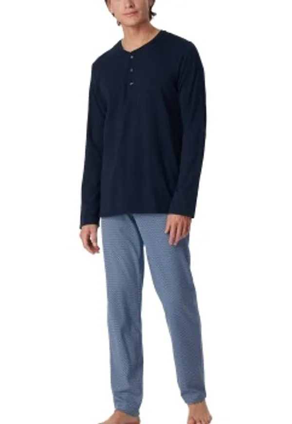 Schiesser Long Fine Interlock Collar Pyjamas Marin/Blå bomull 46 Herr