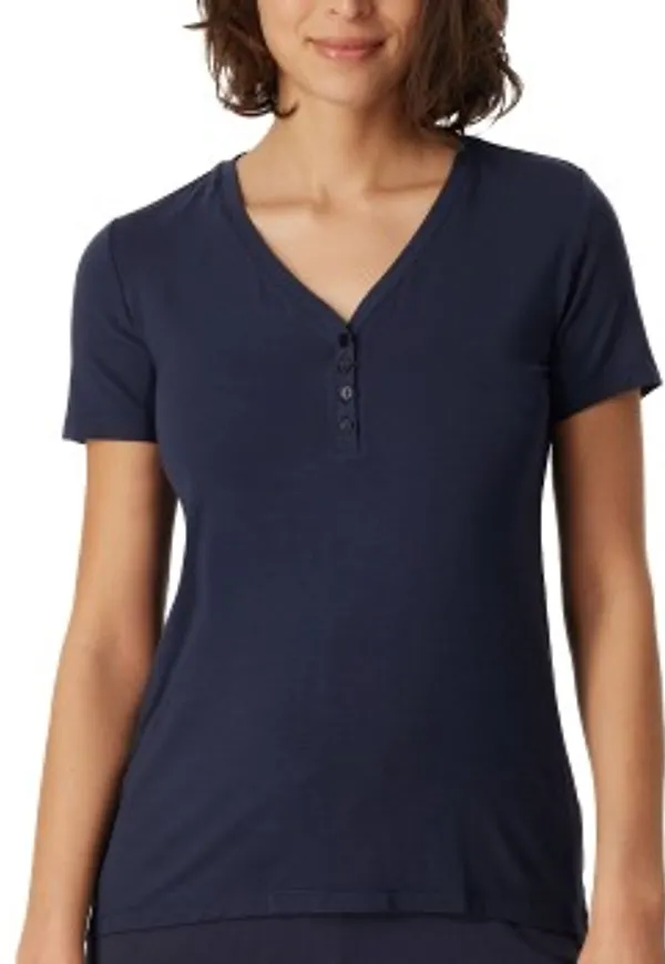 Schiesser Mix and Relax Henley Button Shirt Blå modal Large Dam
