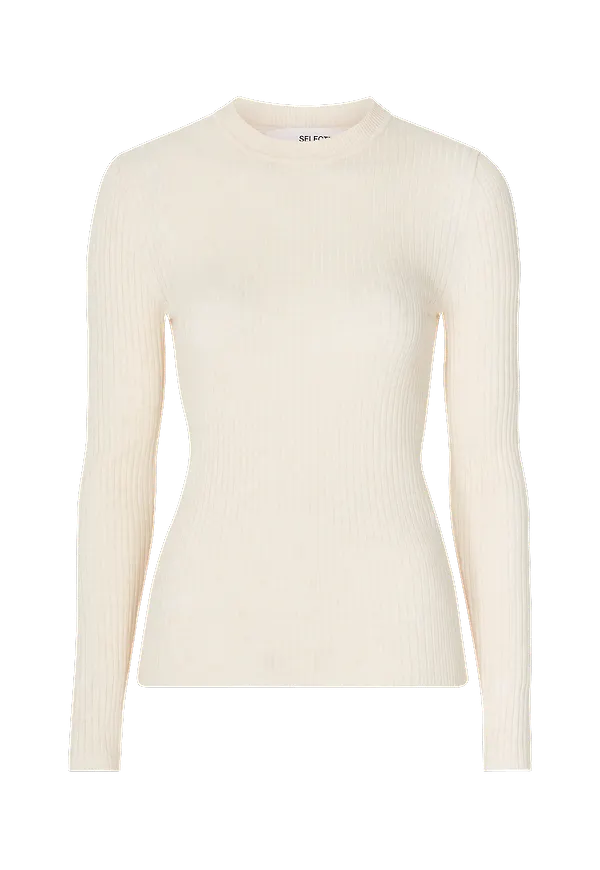 Selected FEMME - Topp slfLydia New Rib LS Knit O-neck - Beige