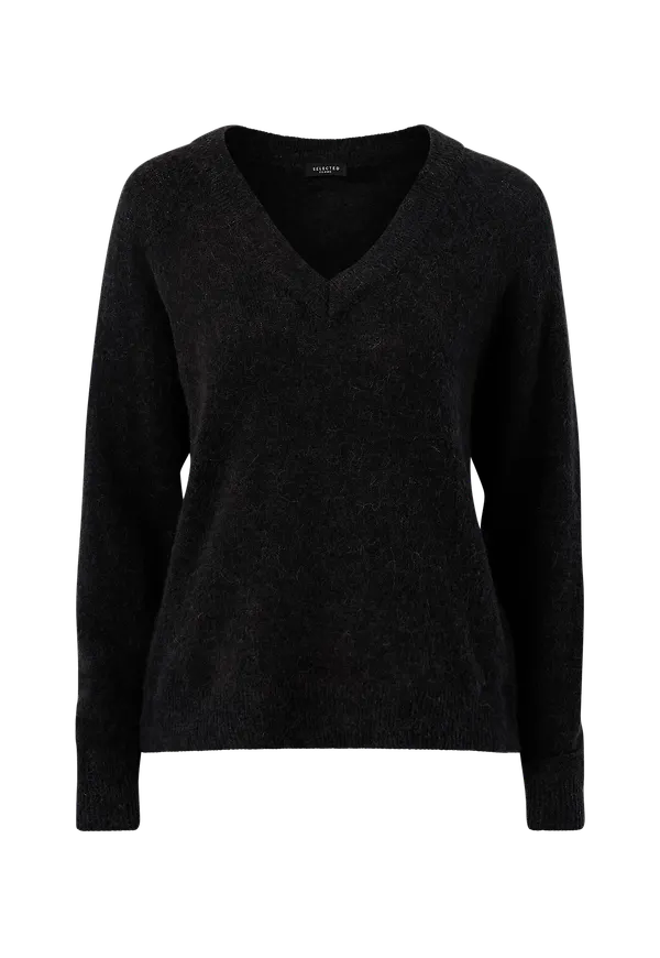 Selected FEMME - Tröja slfLulu LS Knit V-neck - Svart