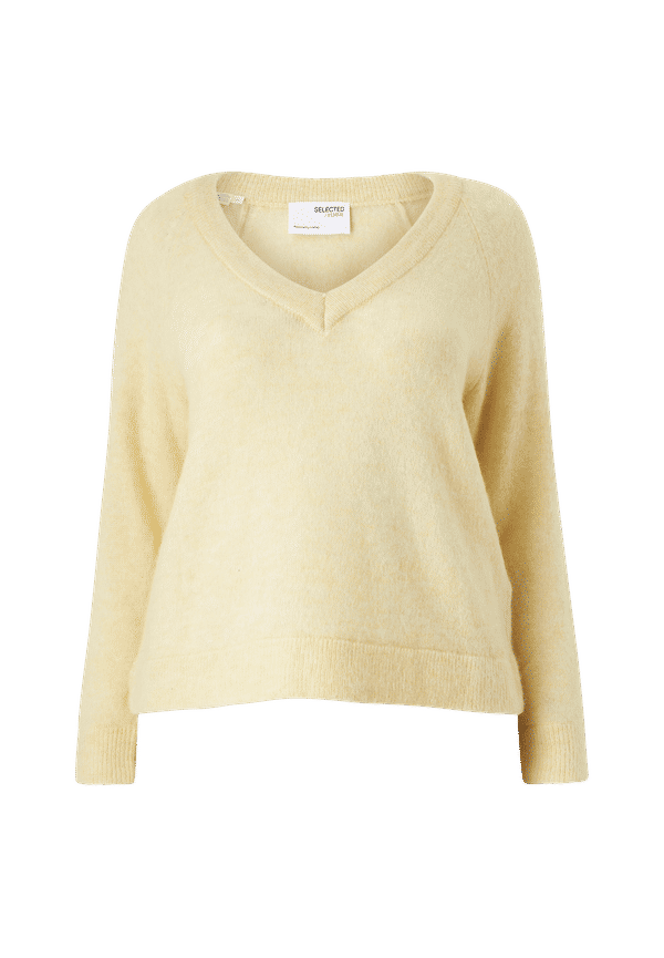 Selected FEMME - Tröja slfLulu LS Knit V-neck Curve - Beige