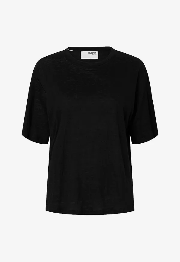 Selected Women - Linnetopp slfVilja Linen SS Tee - Svart