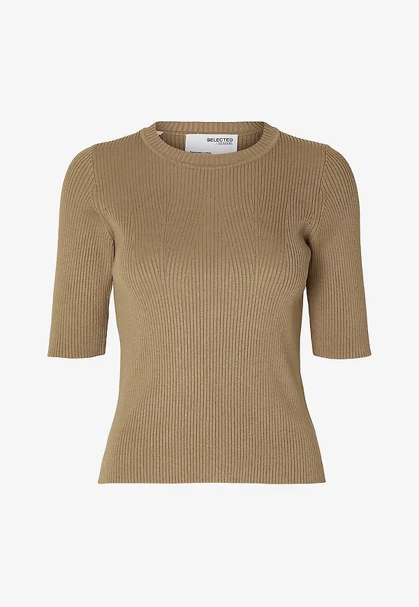 Selected Women - Topp slfMala 2/4 Knit O-neck - Brun
