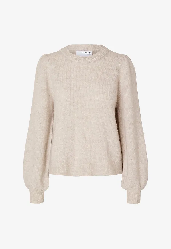 Selected FEMME - Tröja slfLulu LS Knit Rib O-neck - Beige