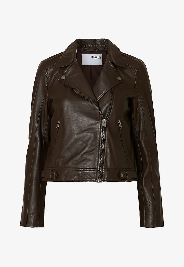 Selected Women - Bikerjacka slfKatie Leather Jacket - Brun