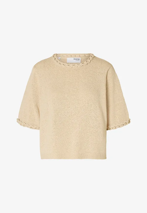 Selected Women - Topp slfAlma 2/4 Knit O-neck - Beige