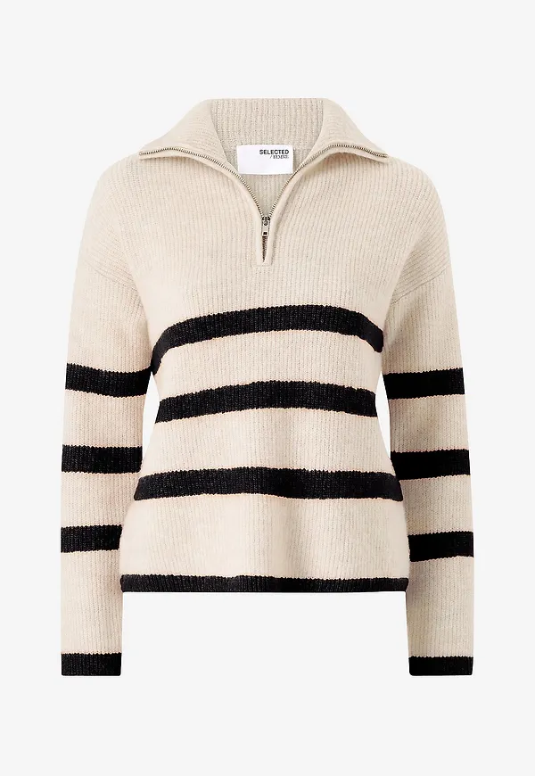 Selected Women - Tröja slfMaline LS Knit Half Zip - Beige