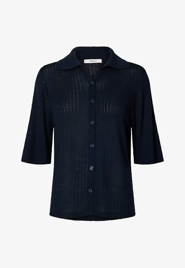 Selected Women - Cardigan Slfnaja 2/4 Knit Polo Neck - Blå
