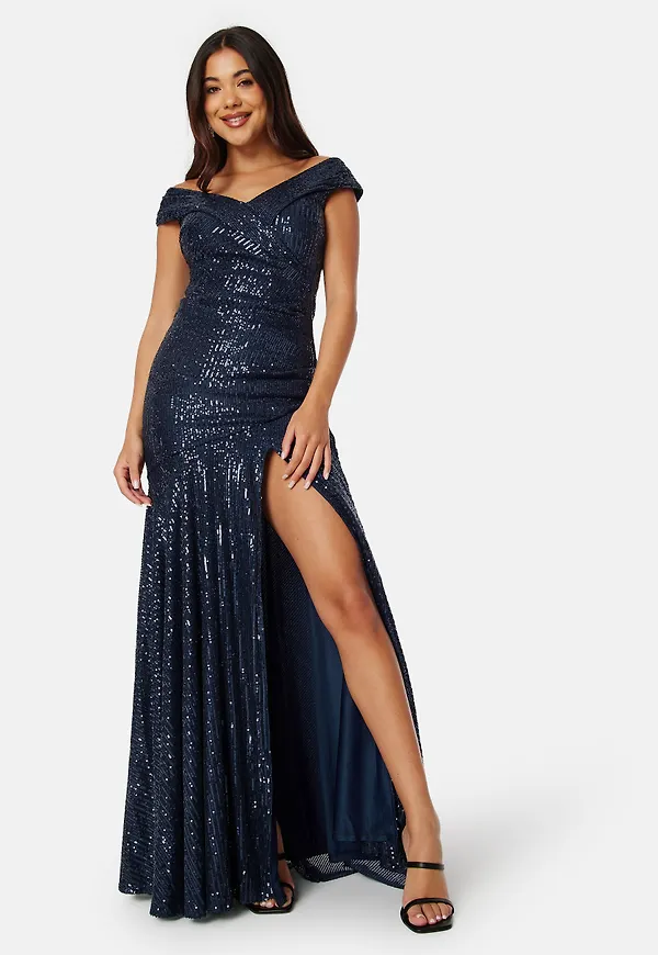 Sequin Bardot Pleat Maxi With Split