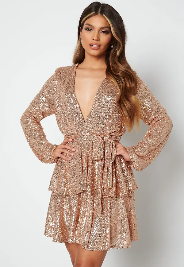 Sequin Deep V Ruffle Skater Dress