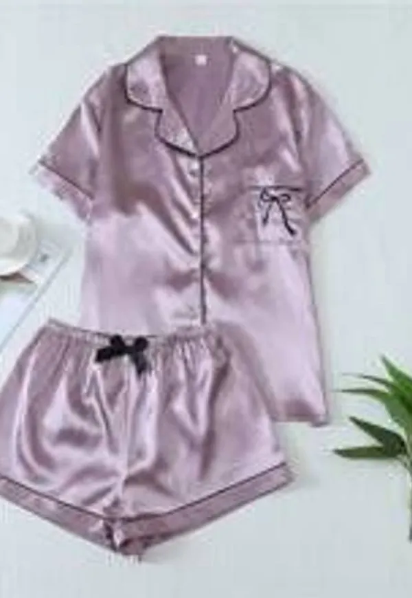 Shein 2pcs/Set Women's Bow Embroidered Satin Summer Pajama Set, Short Sleeve Button-Down Shirt And Shorts, Casual Loungewear For Summer