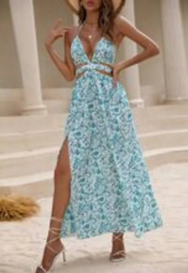 Shein Allover Floral Print Backless Knot Halter Neck Slit Thigh Dress