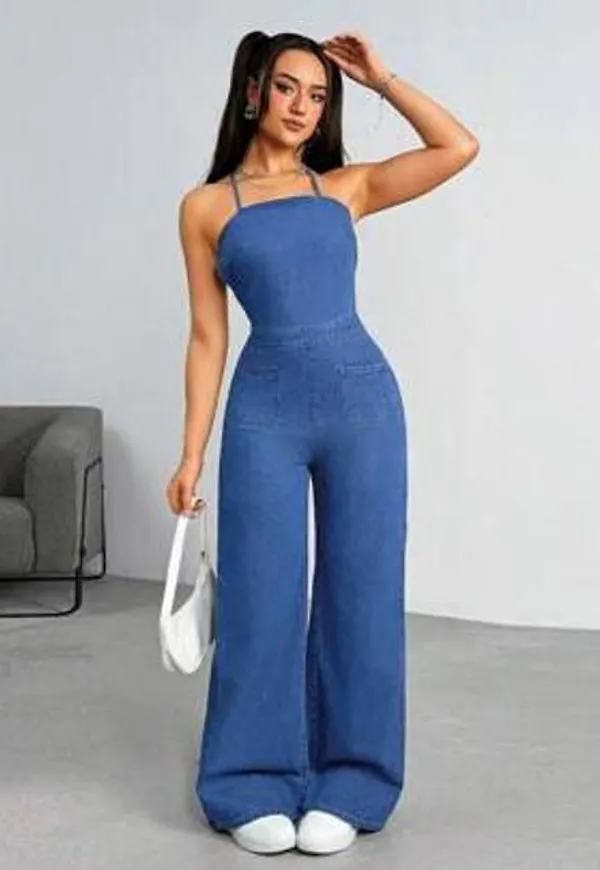 Shein Backless Halter Denim Jumpsuit - Mediumtvätt