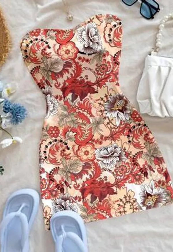 Shein Blommigt Tryck Bohemisk Miniklänning - Röd