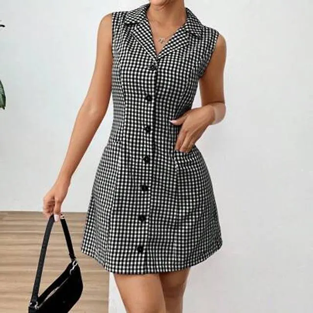 Shein Casual Commuter Plädtryck Ärmlös Knapp Framtill Kort Klänning - Svart/Vitt