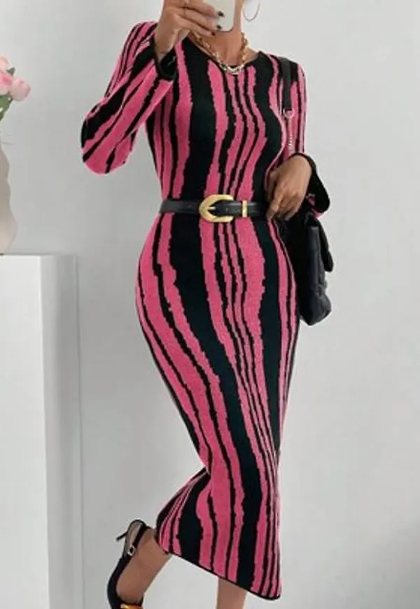 Shein Casual Randig Bodycon Stickad Tröja Klänning - Multifärgad