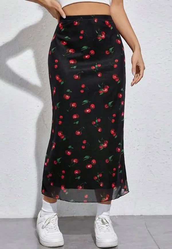 Shein Cherry Print Mesh Overlay Skirt