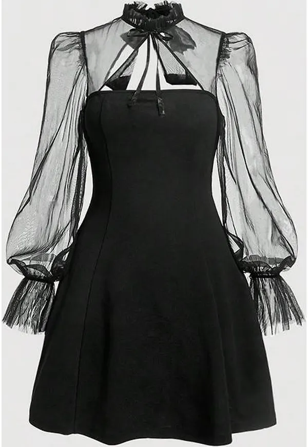 Shein Contrast Mesh Flare Sleeve Tie Neck Dress