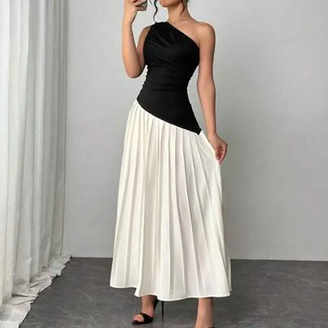 Shein Dammode Loose Fit Kontrastveckad Elegant Figursydd Klänning - Svart/Vit