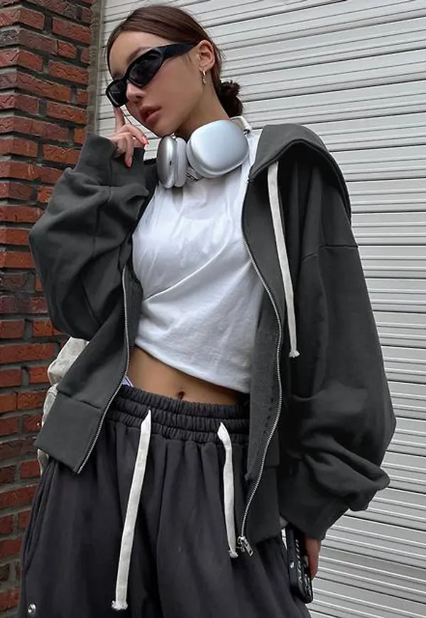 Shein Drop Shoulder Zip Up Drawstring Hoodie
