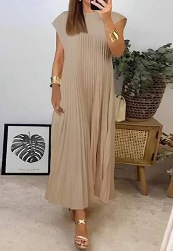 Shein Elegant Enfärgad Plisserad Lång Klänning - Kaki