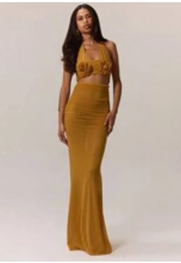 Shein Elegant Mesh Floral Patched Halter Neck Maxi Dress