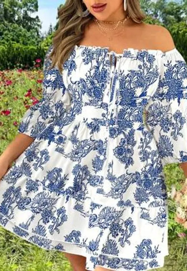 Shein Elegant Off Shoulder Strap Volang Hem Plus Size Dam Klänning - Multifärgad