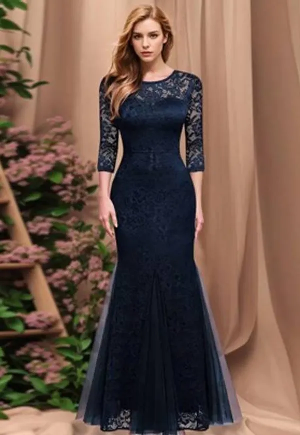 Shein Elegant Spetsmesh Sjöjungfrubrudtärnklänning - Marinblå