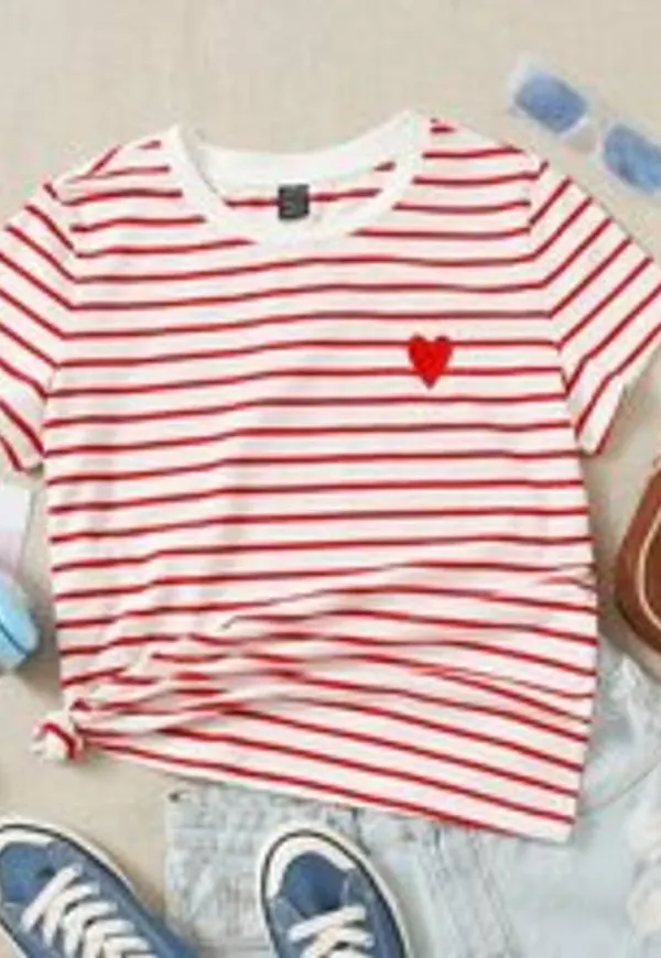 Shein EZwear Heart Embroidery Striped Tee
