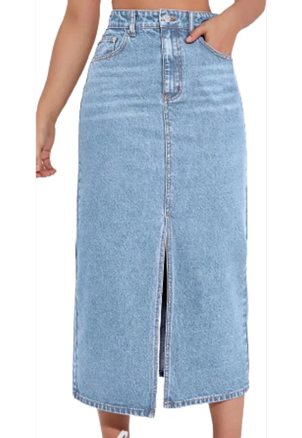 Shein EZwear High Waist Slit Denim Skirt - Light Wash