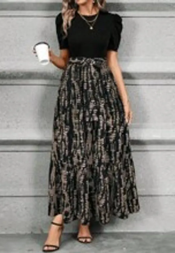 Shein Fashionable Printed Spliced Puff Sleeve Long Dress For Summer