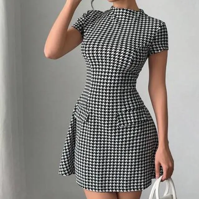 Shein Festklänning Amerikansk Stil Med Kort Ärm - Svart/Vitt