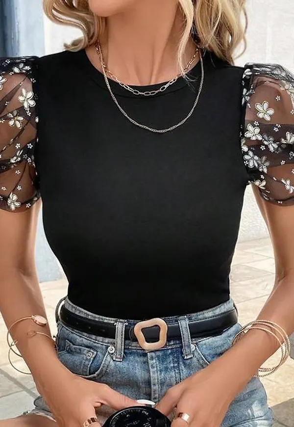Shein Floral Mesh Puff Sleeve Tee