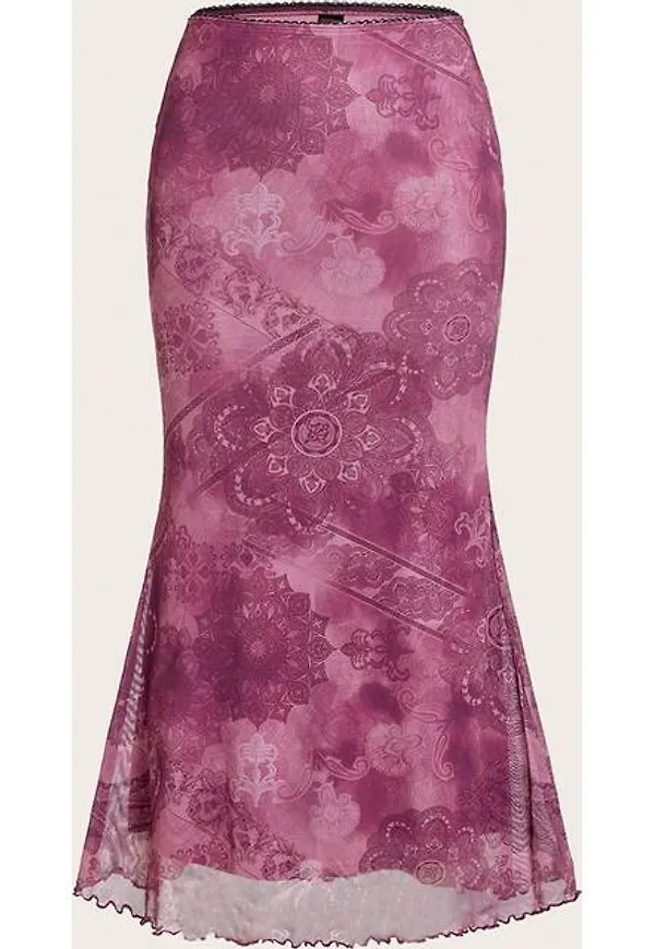 Shein Floral Print Lettuce Trim Mesh Skirt