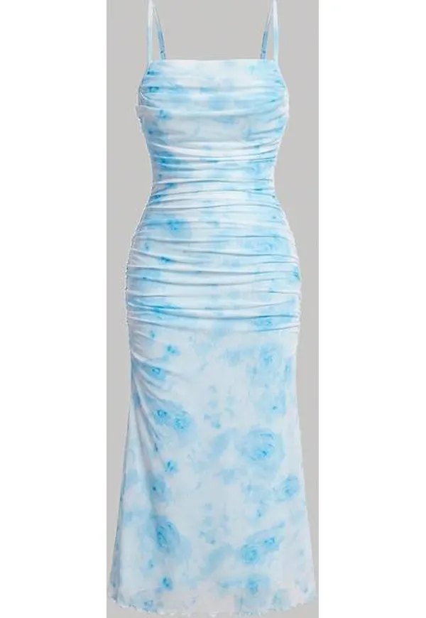 Shein Floral Print Ruched Mesh Cami Dress