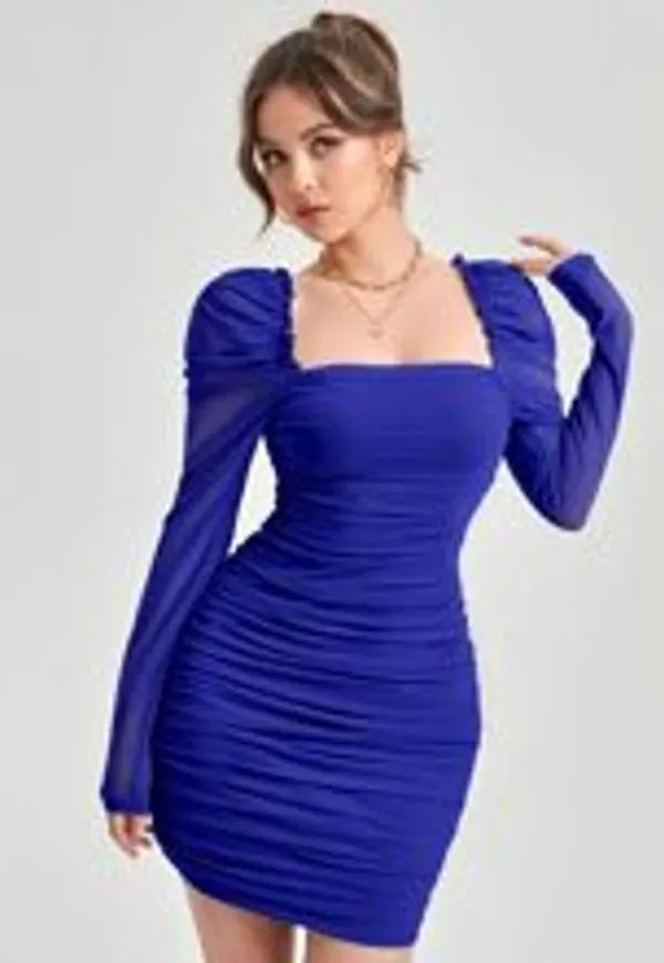 Shein Frill Trim Gigot Sleeve Ruched Mesh Overlay Dress
