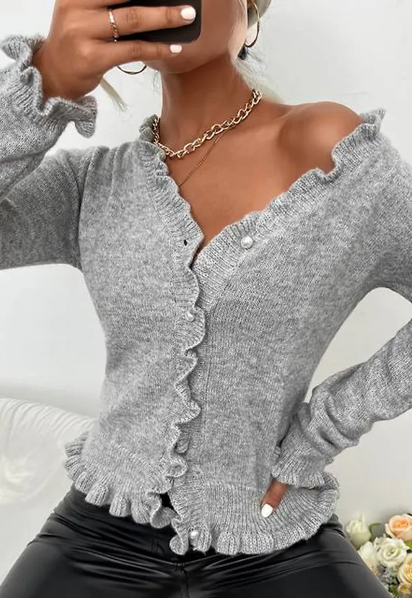 Shein Frill Trim Ribbed Knit Cardigan